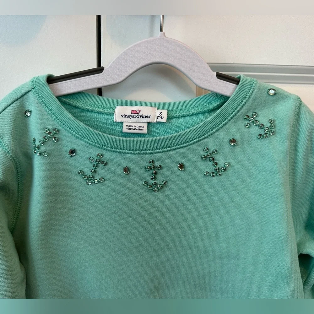 Vineyard Vines Teal Anchor Crystal Embellished Sweatshirt Dress (Size S/7-8)